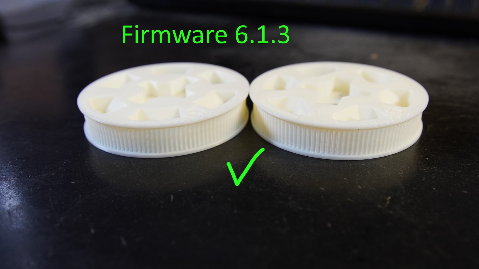Firmware 6.1.3 gear print result with green annotation showing successful print.