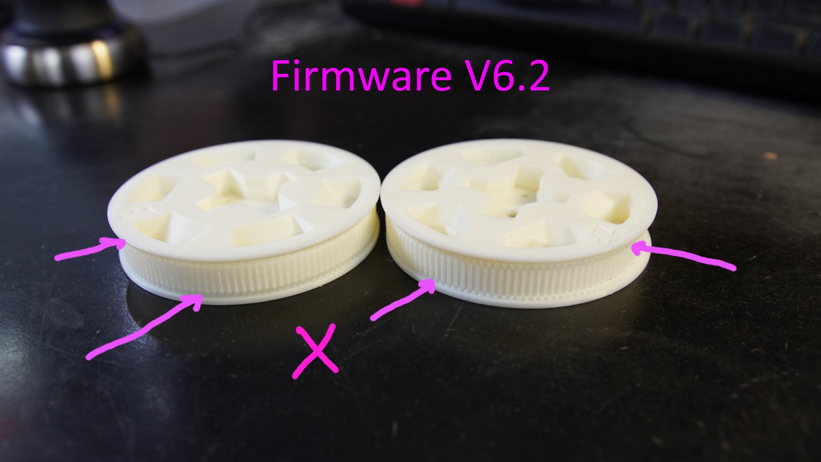 Firmware 6.2 gear print result with pink annotations marking layer shift.