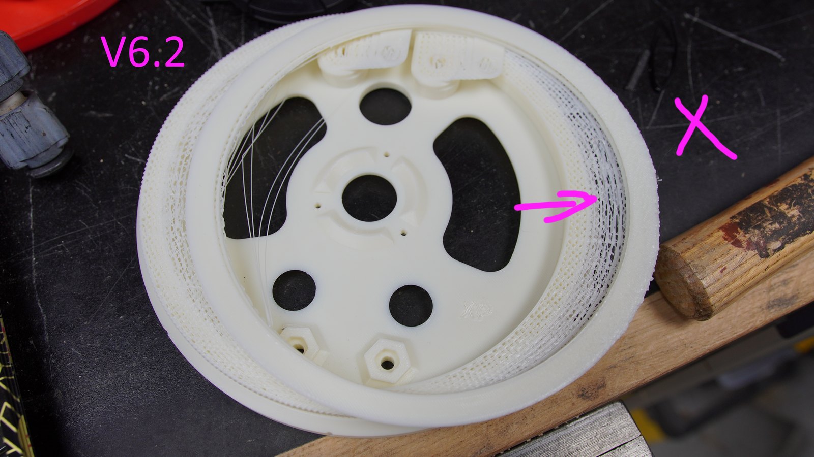 ARCTOS robot gear print results marked up to compare firmware 6.2 and firmware 6.1.3.