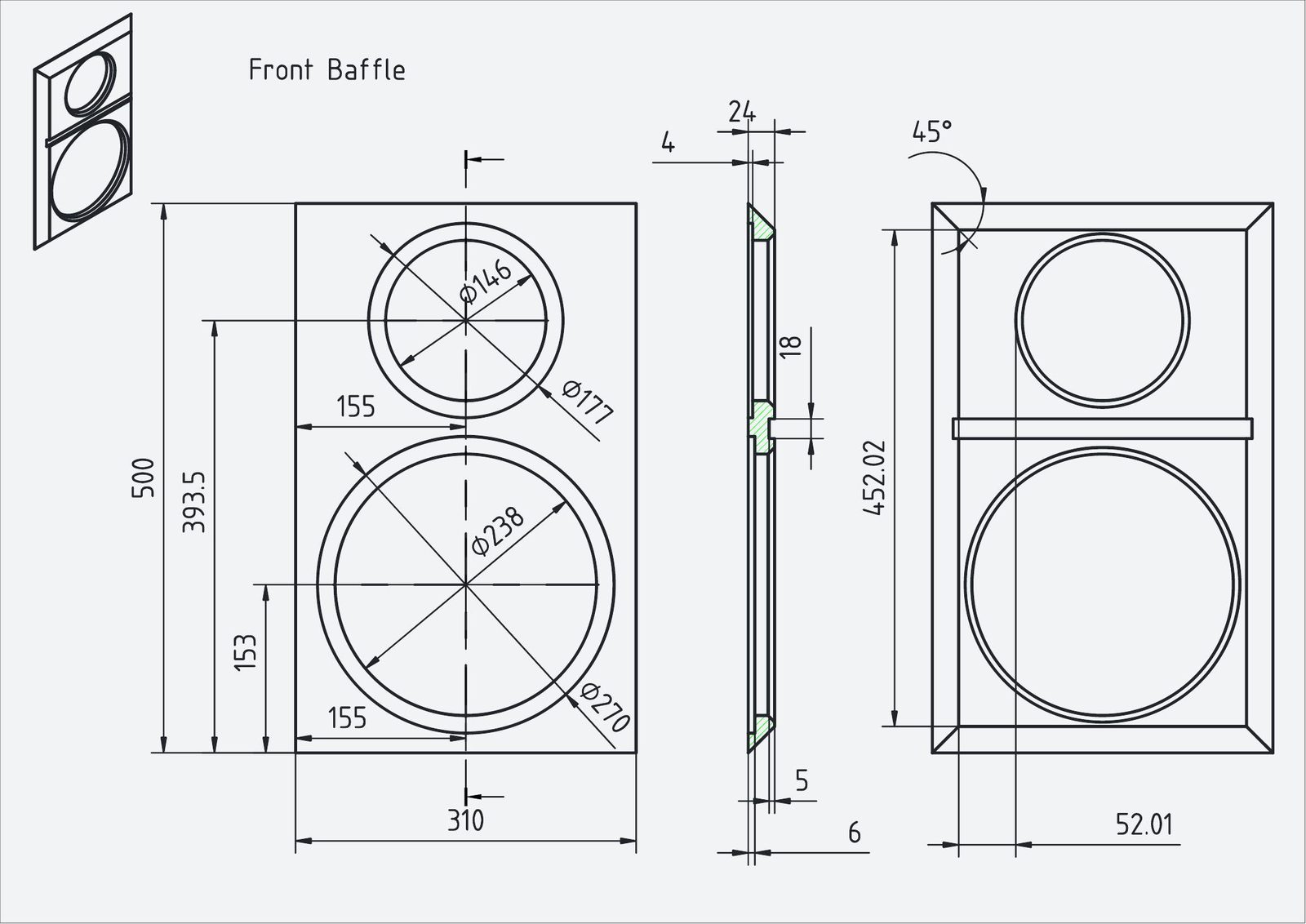 FreeCAD drawing of the speaker front baffle with driver openings and bevel dimensions.