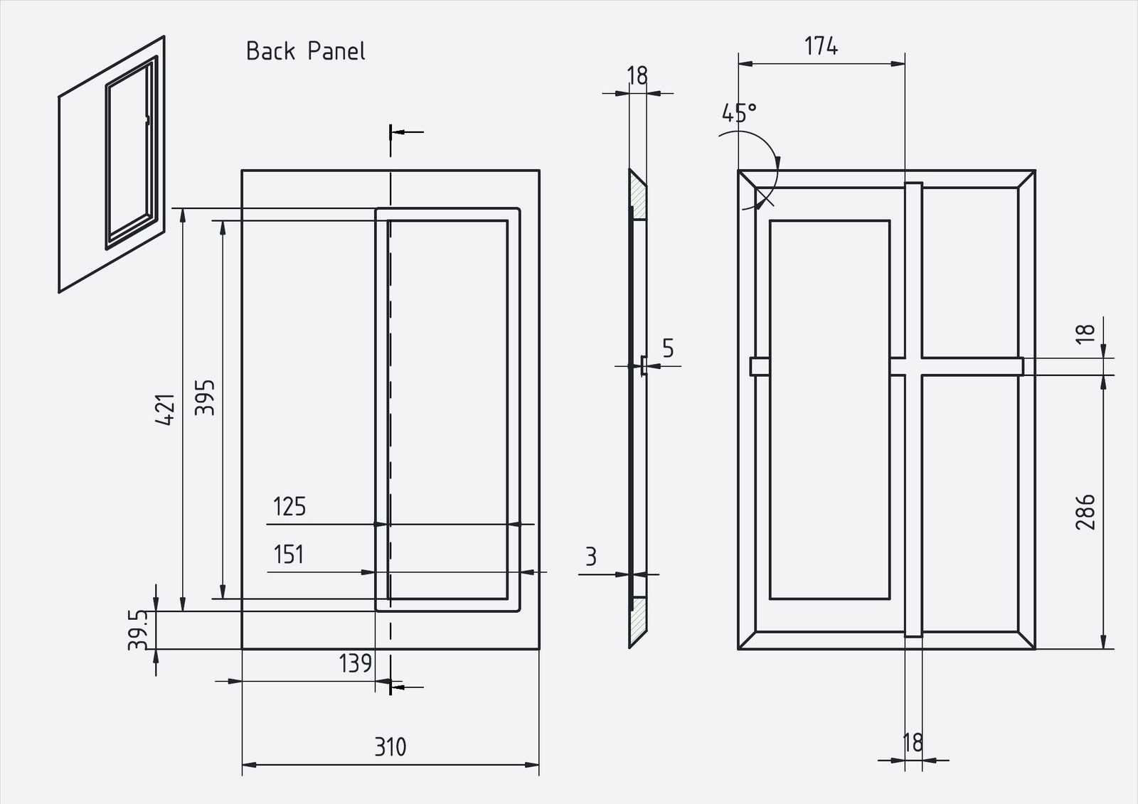 Rear baffle drawing showing the Hypex plate amp cut-out.