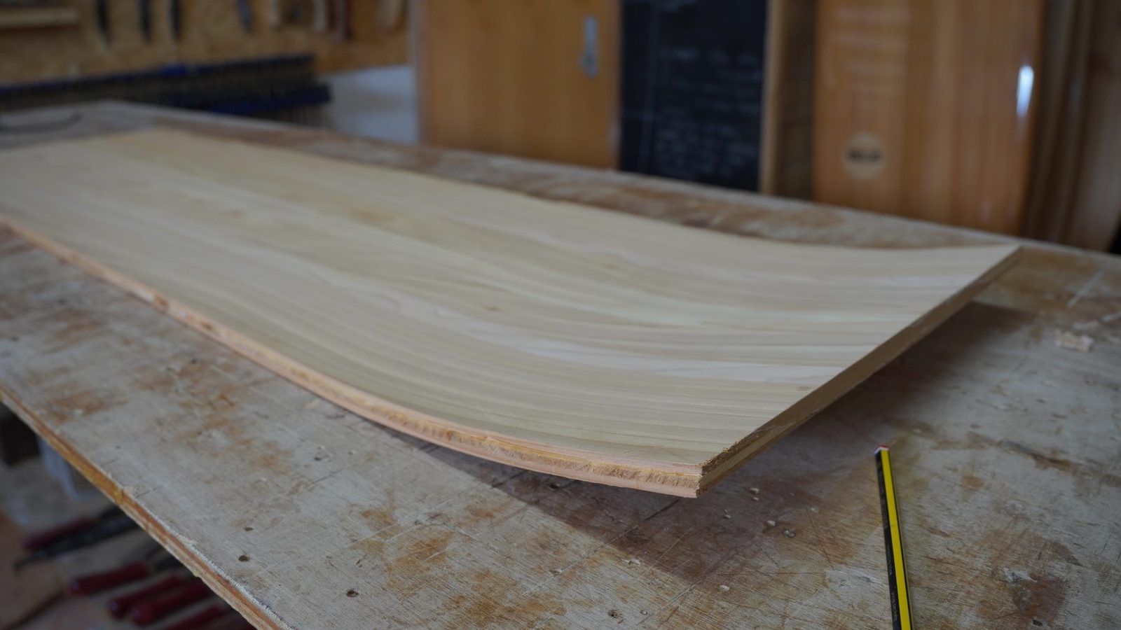 The wooden blank on a workbench before shaping.