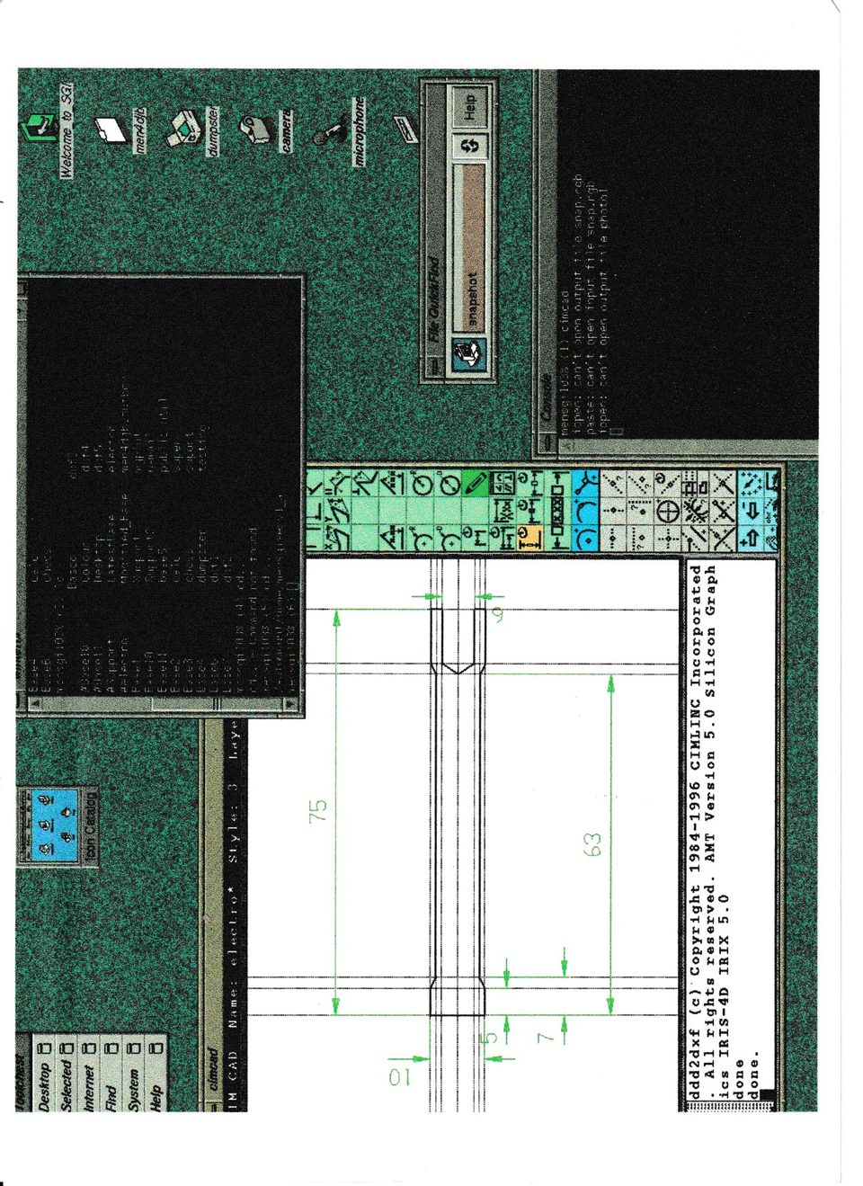 Scanned report page combining old PCB artwork, CAD output and board layout drawings.