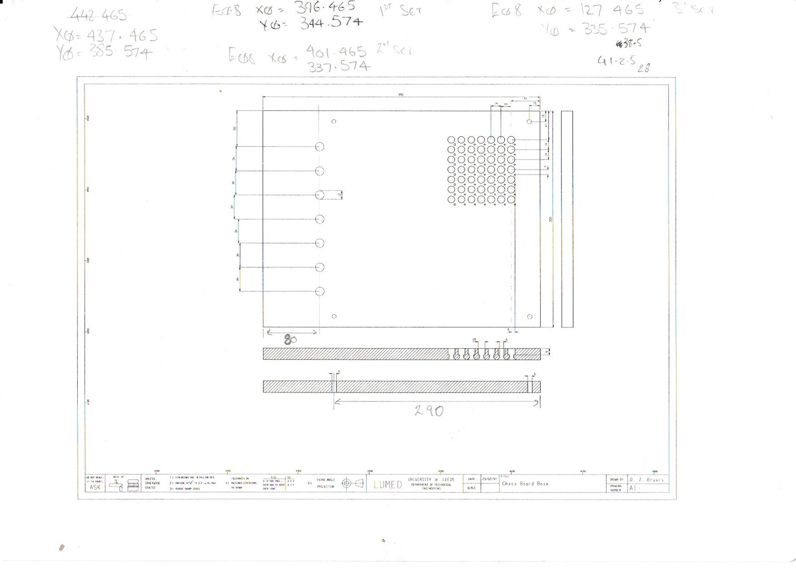 Engineering drawing of the chess board base with hole positions and section details.