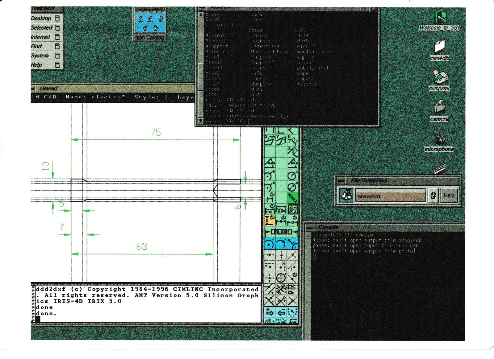 Scanned report page showing a 1990s CAD screenshot and control software terminal windows.