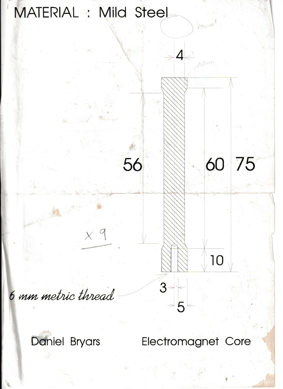 Engineering drawing of a mild steel electromagnet core for the robotic chessboard.