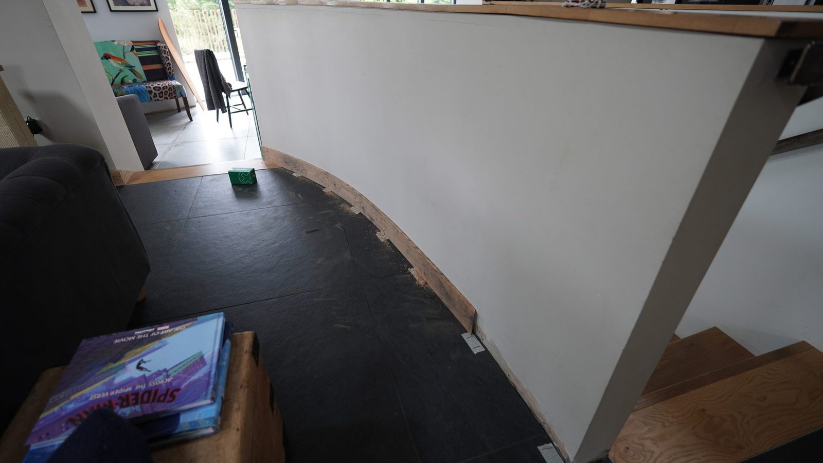 Curved interior wall before skirting board fitting.