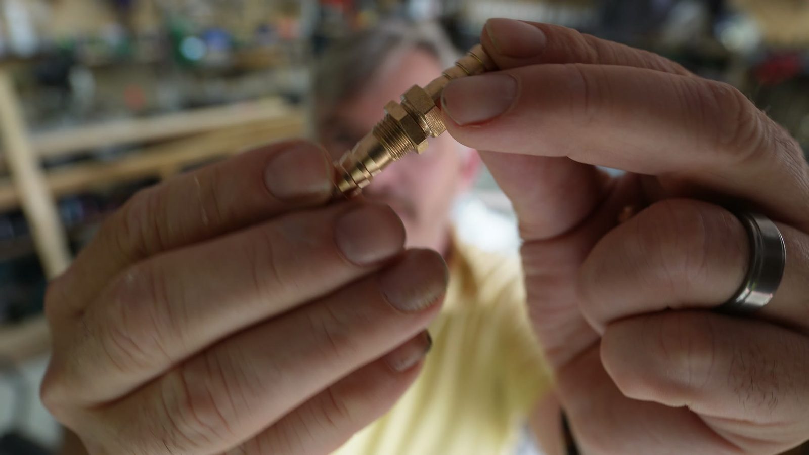 Close-up of a small brass fitting used for the steam box.