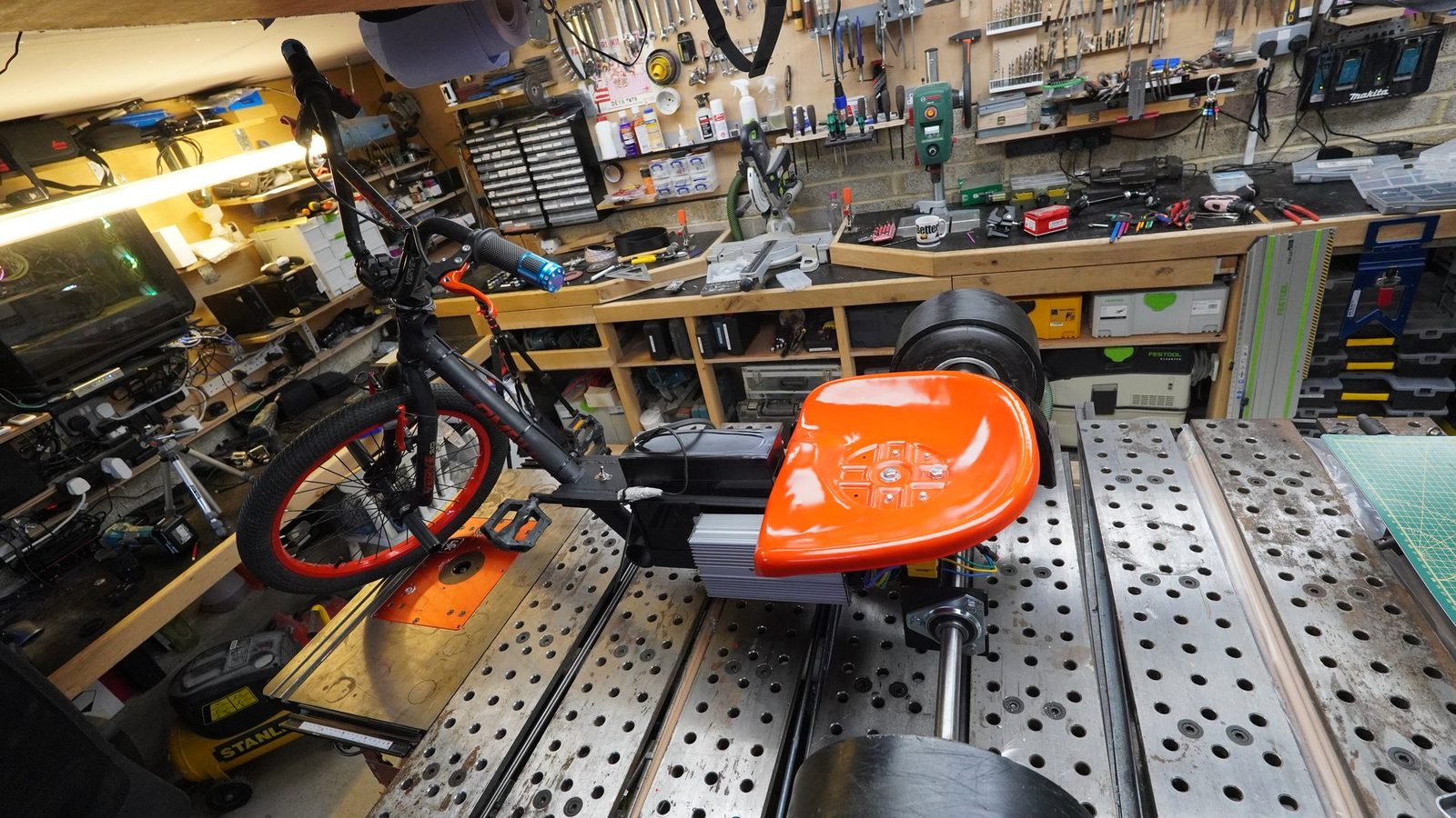Finished drift trike photographed in the workshop.