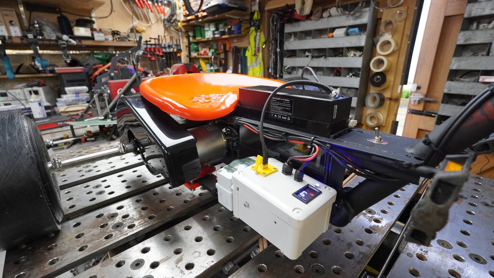 Control box and seat area on the drift trike.