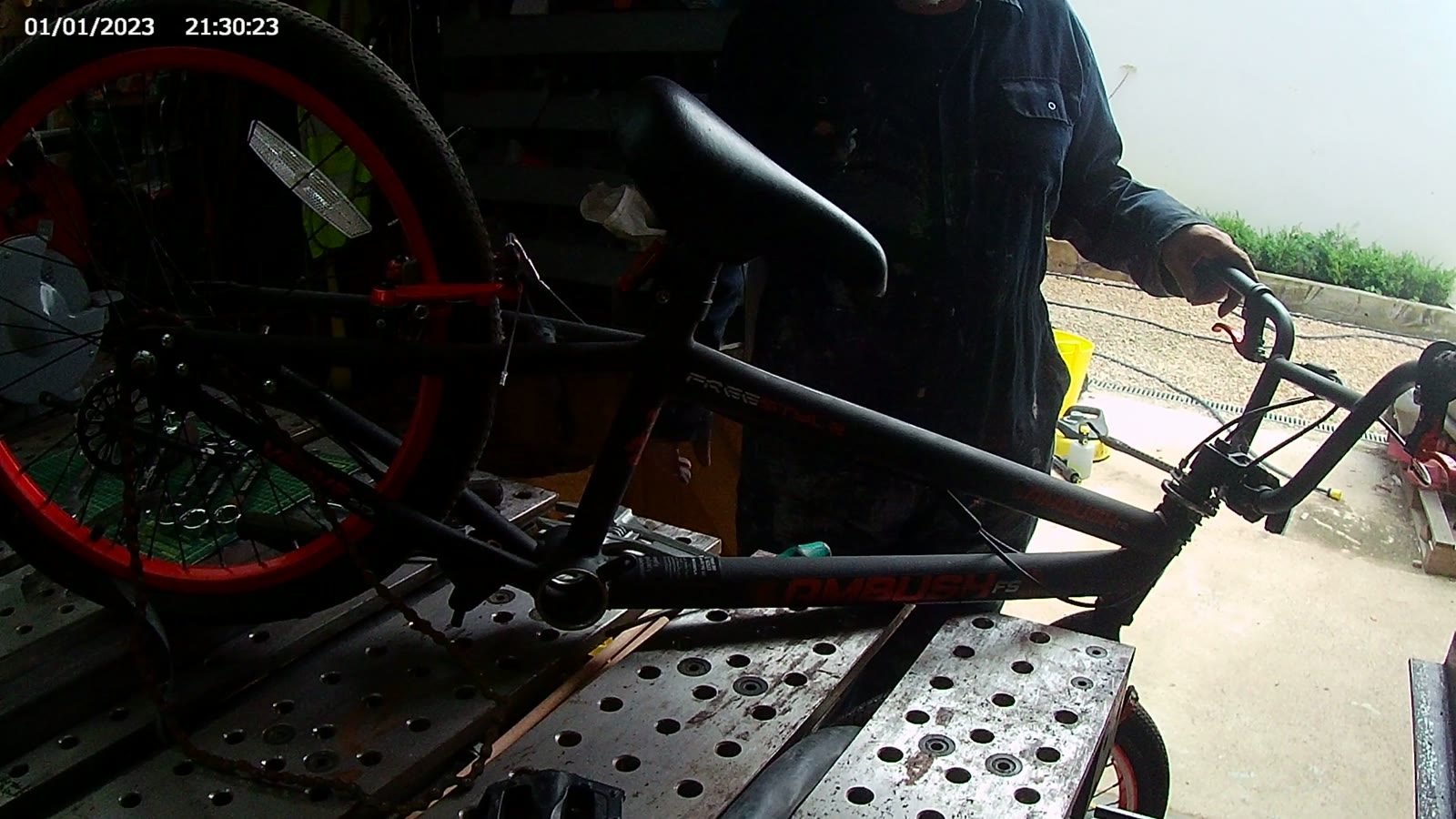 Mini-camera view of the drift trike frame and wheel during testing.