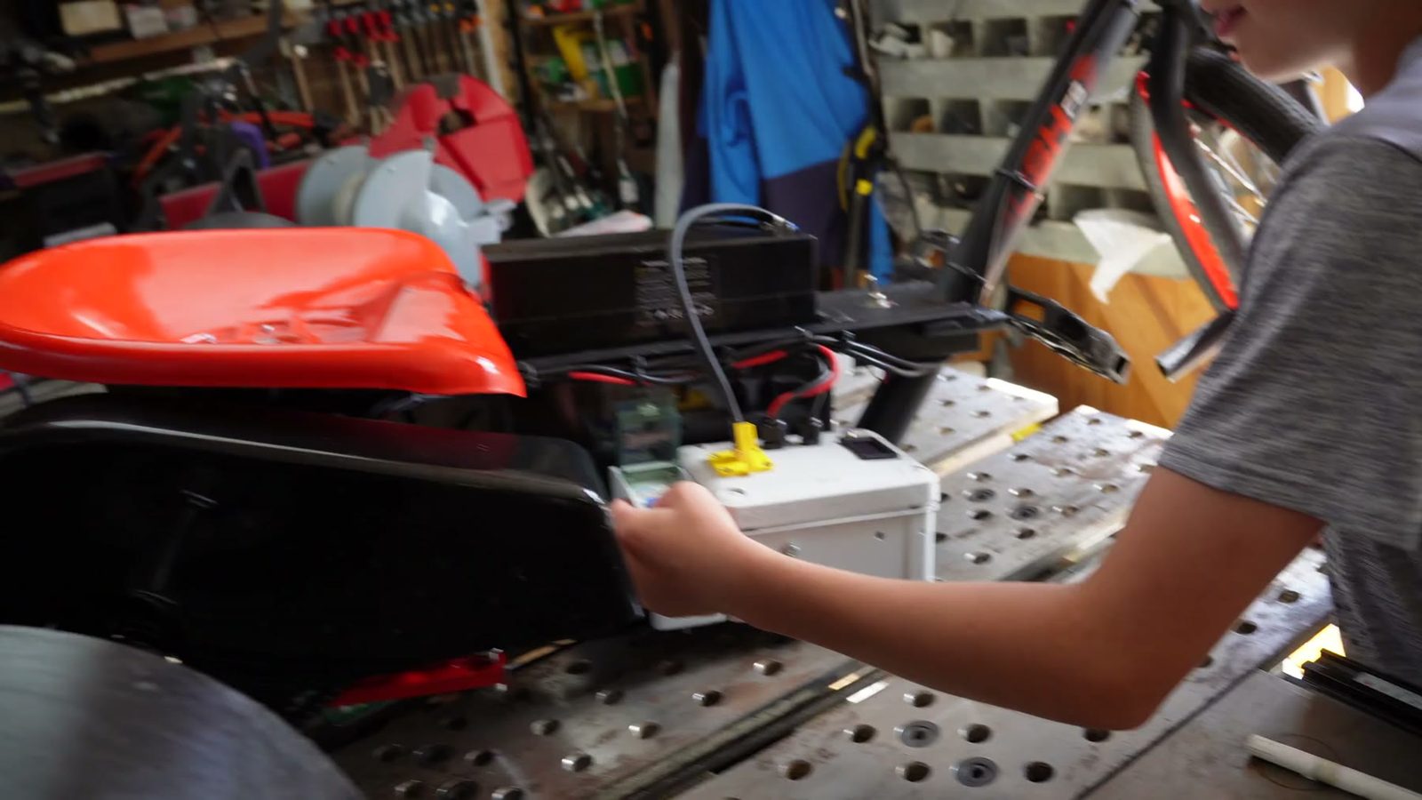 Drift trike control box and electronics during bench testing.