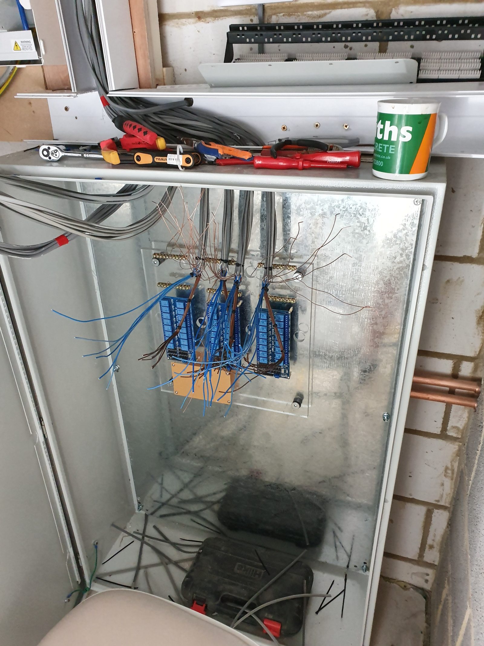 Electrical relay panel for house lighting control.