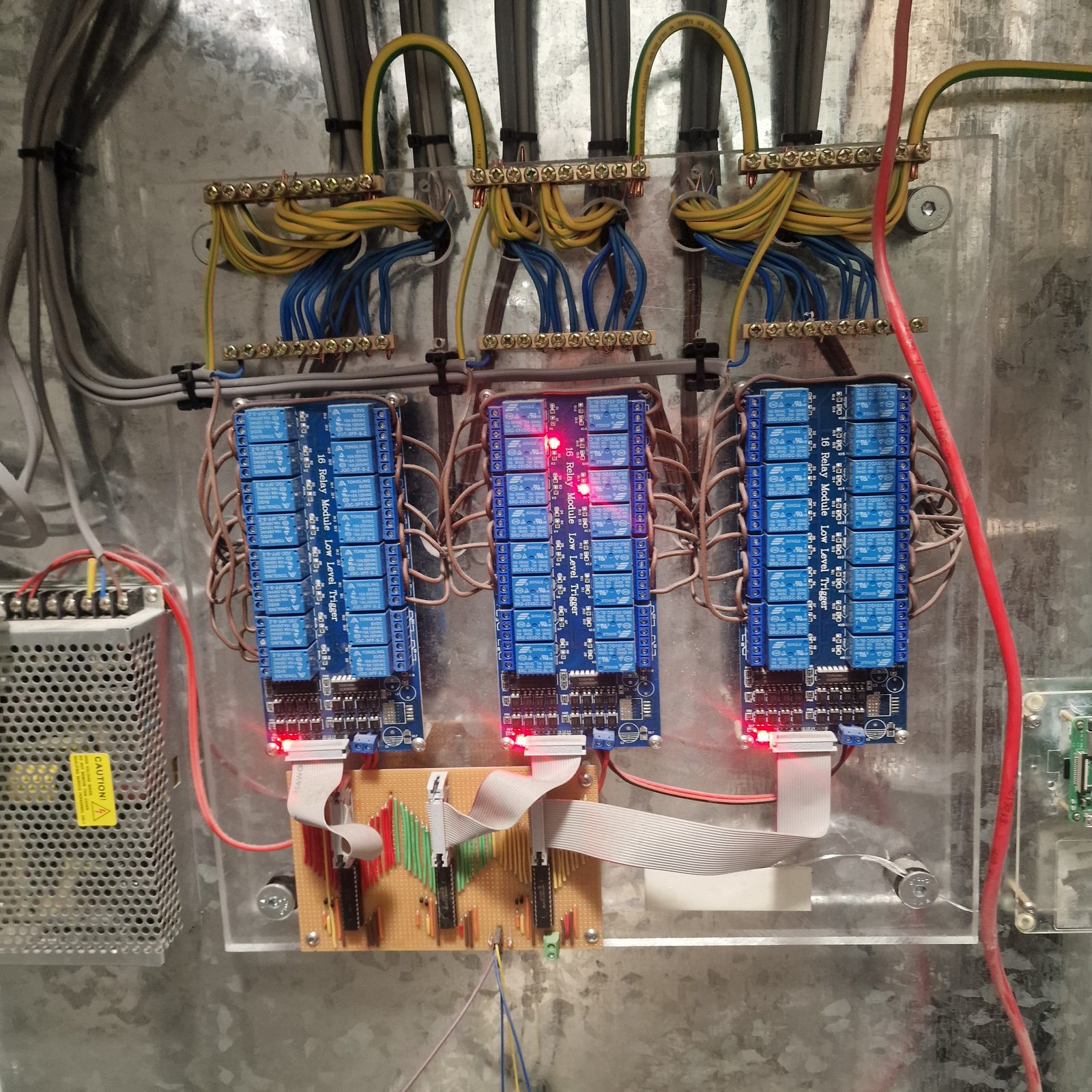 Later Home Assistant relay panel installation with labelled wiring.