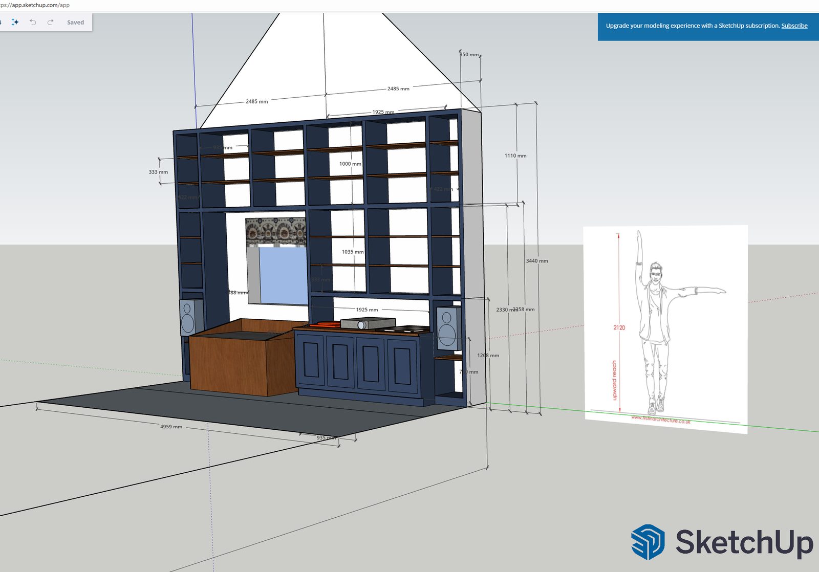 SketchUp model of the bookcase wall, dimensioned, with the window opening, the low console and a human figure showing upward reach.