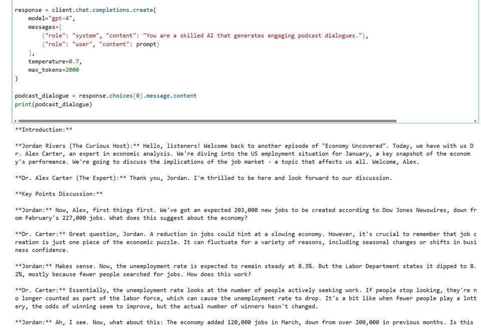 Screenshot from LLM podcast generation pilot work.