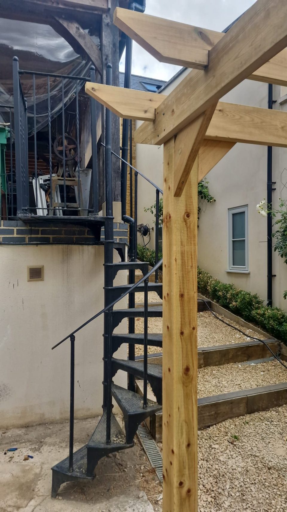 Detail view of the finished staircase and surrounding timber.