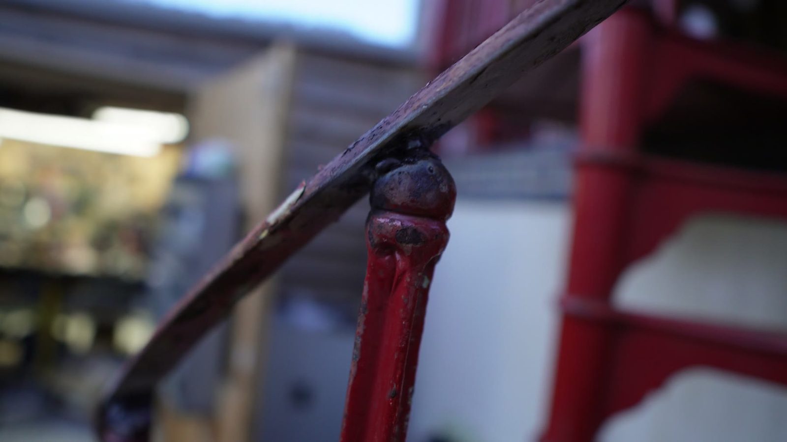 Close detail of the spiral staircase handrail during the build.